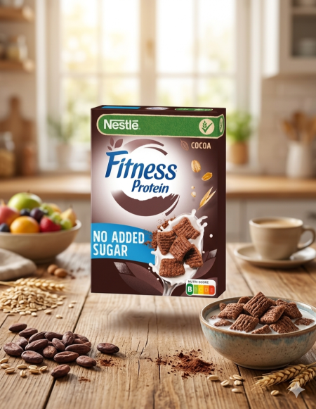 نستله فيتنس بروتين كاكاو - رقائق حبوب إفطار غنية بالبروتين وبدون سكر مضاف (375 جم)