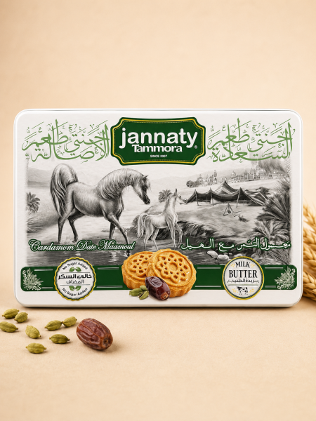 علبة معمول التمر بالهيل بدون سكر مضاف مصنوع بزبدة الحليب من Jannaty Tammora 600غم