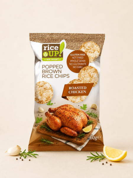 شيبس الأرز البني المنفوخ بنكهة الدجاج المشوي من رايس أب (RiceUP!) – 60 غم