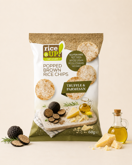شيبس الأرز البني المنفوخ بنكهة الكمأة وجبن البارميزان من رايس أب (RiceUP!) – 60 غم