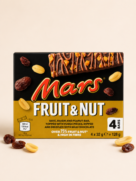 بار مارس تمر وزبيب وفول سوداني بقطع الفدج والشوكولاتة بالحليب عالي بالألياف من Mars Fruit & Nut 128 جم (4 × 32 جم)