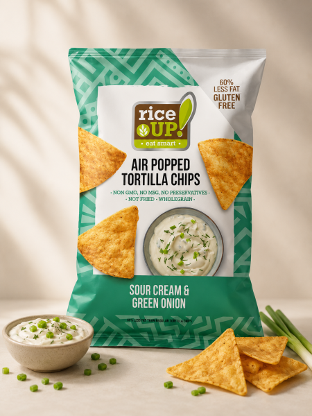 شيبس تورتيلا خالي من الجلوتين من Rice UP! – نكهة القشطة والبصل الأخضر – 60 جم