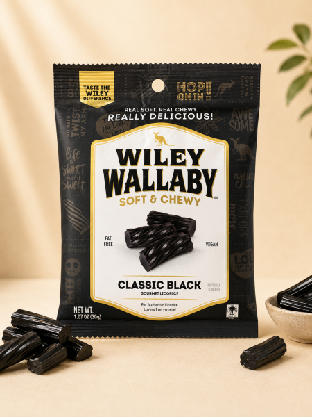حلوى عرق السوس الطرية من Wiley Wallaby – كلاسيك بلاك – 30 جم