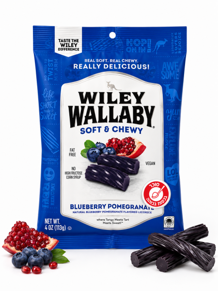 عرق سوس طري بنكهة التوت الأزرق والرمان من Wiley Wallaby – 113 جم