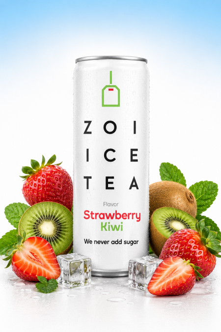 شاي مثلج ( Ice Tea ) بالفراولة والكيوي بدون سكر من Zoi – 330 مل