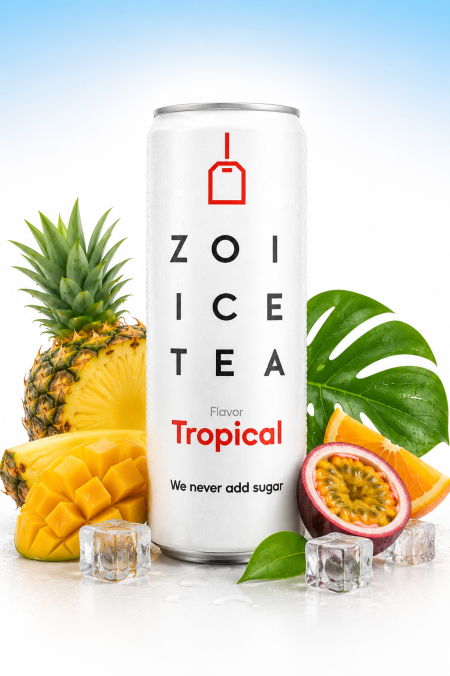 شاي مثلج ( Ice Tea ) بالفواكة الاستوائية بدون سكر من Zoi – 330 مل