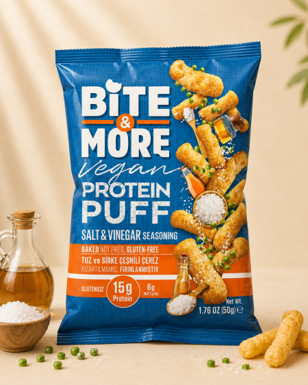 سناك بروتين نباتي باف خالي من الجلوتين من Bite & More – نكهة الملح والخل – 50 جم