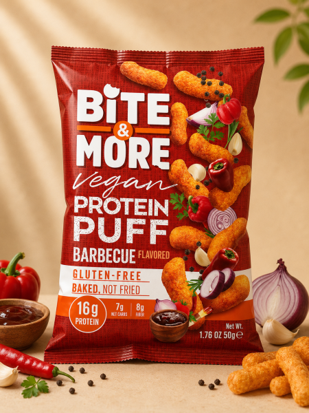 سناك بروتين نباتي باف خالي من الجلوتين من Bite & More – نكهة الباربكيو – 50 جم