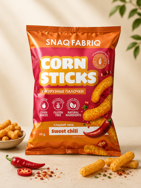 أصابع الذرة الخالية من الجلوتين من Snaq Fabriq – بنكهة الفلفل الحلو (Sweet Chili) – 60 جم