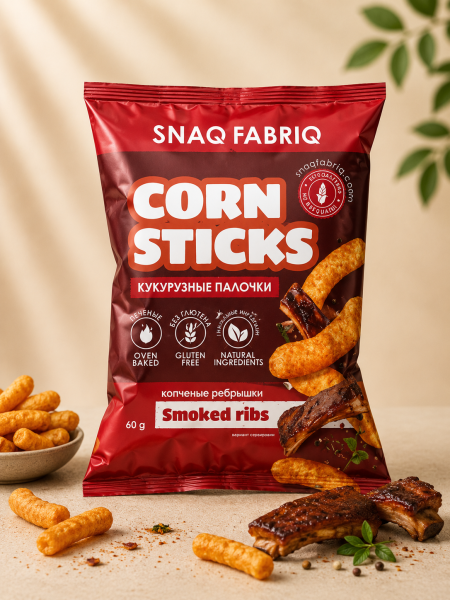 أصابع الذرة الخالية من الجلوتين من Snaq Fabriq – بنكهة الأضلاع المدخنة (Smoked Ribs) – 60 جم