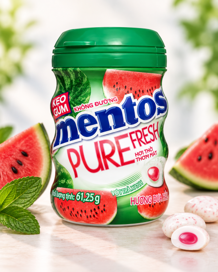 علكة منتوس بيور فريش خالية من السكر بنكهة البطيخ 61.25 غم من Mentos