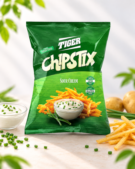 شيبس بطاطا خالي من الجلوتين من Tiger ChipsTix – نكهة الكريمة الحامضة – 50 غرام