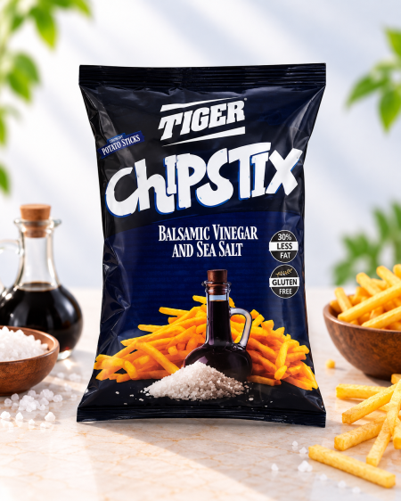 شيبس بطاطا خالي من الجلوتين من Tiger ChipsTix – نكهة خل البلسميك وملح البحر – 50 غرام