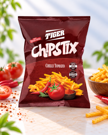 شيبس بطاطا خالي من الجلوتين من Tiger ChipsTix – نكهة الطماطم الحارة – 50غرام