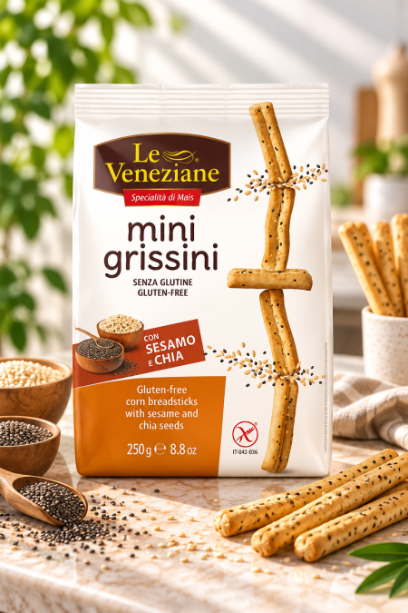 أعواد خبز ذرة صغيرة خالية من الجلوتين مع السمسم وبذور الشيا 250 غرام من Le Veneziane