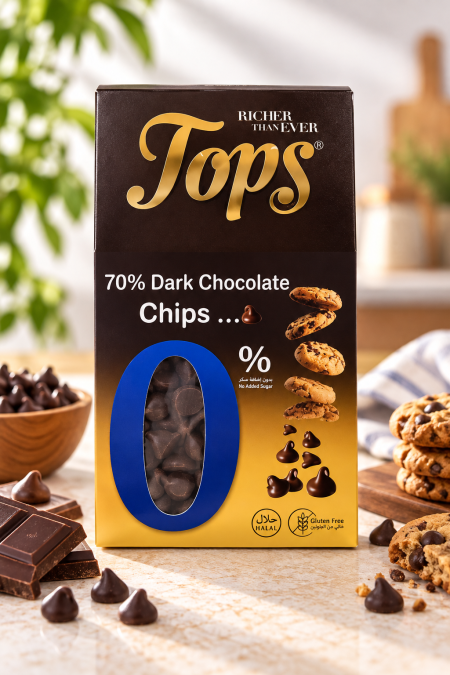 رقائق شوكولاتة داكنة 70% بدون سكر مضاف وخالية من الجلوتين من Tops
